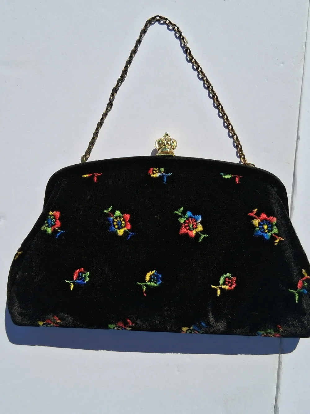 Vintage Black Velvet Embroidered Floral Evening Bag Gold Crown Clasp Chain Purse